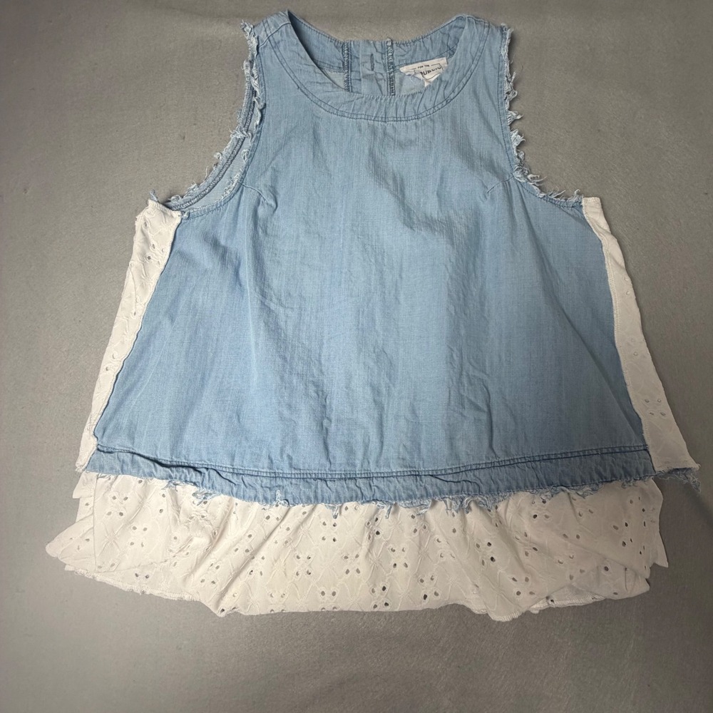 For the Republic Womens Medium Chambray Eyelet Lace Tiered Sleeveless Top Blue